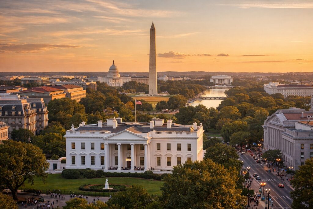 The White House in Washington, D.C., in the evening.