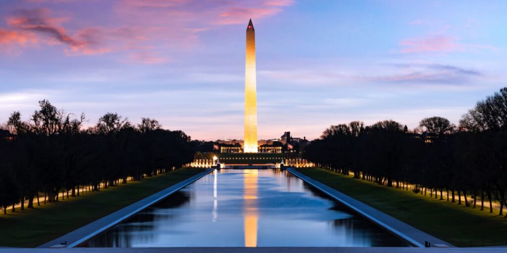 Washington Monument and Reflecting Pool at night